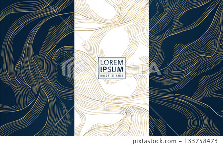 Luxury wave pattern, elegant gold lines, art deco elements. Vector premium abstract background, Japanese flowing water textures. Wine labels, chocolate packaging, gift boxes, menu 133758473