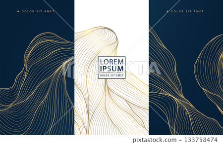 Luxury wave pattern, elegant gold lines, art deco elements. Vector premium abstract background, Japanese flowing water textures. Wine labels, chocolate packaging, gift boxes, menu Luxury wave pattern, elegant gold lines, art deco elements. Vector premium abstract background, Japanese flowing water textures. Wine labels, chocolate packaging, gift boxes, menu 133758474