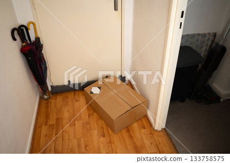Cardboard box placed on the corridor floor next to an interior door in a casual home setting. Delivery or storage scene with minimal styling. Concept of home, domestic, lifestyle, organization. Cardboard box placed on the corridor floor next to an interior door in a casual home setting. Delivery or storage scene with minimal styling. Concept of home, domestic, lifestyle, organization. 133758575