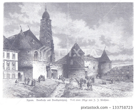 View of the ancient castle of Agram or Zagreb capital in Croatia, vintage engraved illustration 133758723