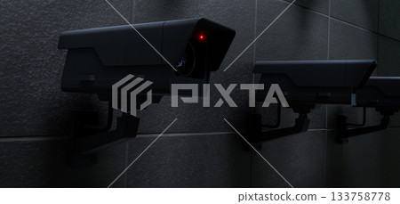 Some black security cameras, surveillance and mounted security on black wall Some black security cameras, surveillance and mounted security on black wall 133758778