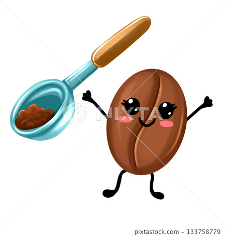 A cute cartoon coffee bean with eyes and a measuring spoon for coffee. Clip art for a coffee shop. A cute cartoon coffee bean with eyes and a measuring spoon for coffee. Clip art for a coffee shop. 133758779
