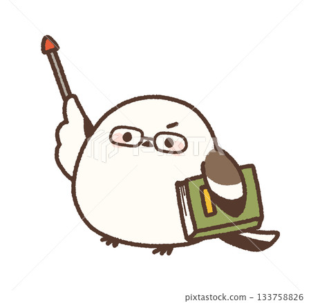 A long-tailed tit holding a book and a pointer 133758826