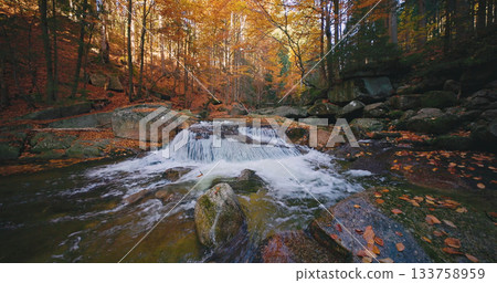 Forest stream flowing over rocks in a colorful autumn forest near Mumlava Waterfalls, Czech Republic. Clear water, fallen leaves and warm fall tones create a peaceful scenic atmosphere. Forest stream flowing over rocks in a colorful autumn forest near Mumlava Waterfalls, Czech Republic. Clear water, fallen leaves and warm fall tones create a peaceful scenic atmosphere. 133758959