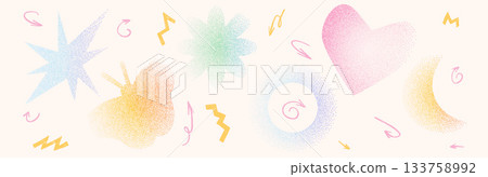Colorful y2k star, heart, butterfly, flower shapes with grain noise gradient set. Trendy blue, green, pink stippling forms set. Butterfly, floral icons on beige background. Vector pastel illustration 133758992