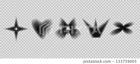 Ink paint spray noise gradient icon figures. Grain gradation star and heart dot airbrush spray shapes. Butterfly, crown forms. Vector grainy dots retro figures isolated on checkerboard backdrop 133759005