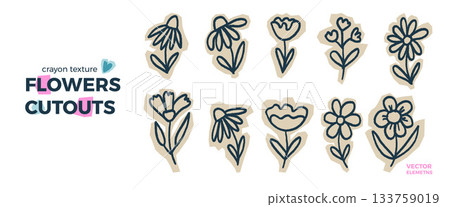 Doodle hand drawn outline flowers stickers. Naive daisy and camomile cutouts set. Paper wildflower shapes isolated. Scrapbook naive sticker floral elements. Pencil texture lines vector illustration Doodle hand drawn outline flowers stickers. Naive daisy and camomile cutouts set. Paper wildflower shapes isolated. Scrapbook naive sticker floral elements. Pencil texture lines vector illustration 133759019