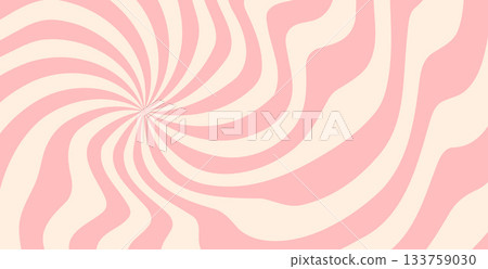 Feminine pink candy pattern. Cream texture coquette starburst background. Retro spiral sun rays backdrop. Abstract girly illustration. Vector wavy dynamic lines decoration. Carnival stripes design 133759030