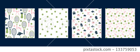 Seamless tennis pattern collection. Repeating print with rackets and balls set. Sport-themed continuous print bg perfect for wrapping paper, backgrounds, or textile design. Vector flat backdrops Seamless tennis pattern collection. Repeating print with rackets and balls set. Sport-themed continuous print bg perfect for wrapping paper, backgrounds, or textile design. Vector flat backdrops 133759053
