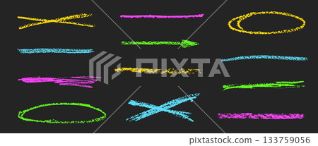 Neon colorus chalk underlines. Brushstroke bold pencil freehand dividers lines set. Handwritten crayon textured streak, emphasis elements on blackboard. Scribble rough arrow, highlights. Vector marks Neon colorus chalk underlines. Brushstroke bold pencil freehand dividers lines set. Handwritten crayon textured streak, emphasis elements on blackboard. Scribble rough arrow, highlights. Vector marks 133759056
