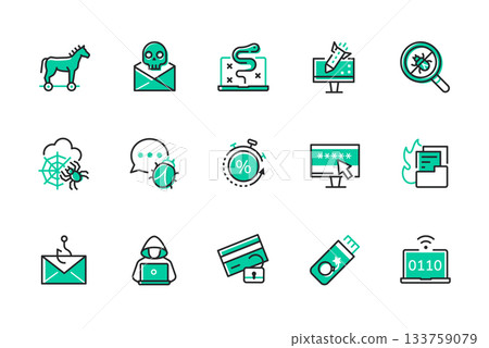 Computer attacks - set of line design style icons 133759079