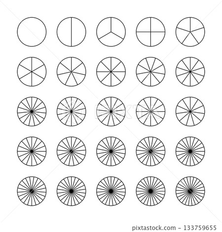 Parts of diagram wheel from 1 to 25. Pie chart template. Coaching blank. Segmented charts. Sectors divide the circle on equal parts. Black outline graphics. Pie charts, pizza charts set. Segments 133759655