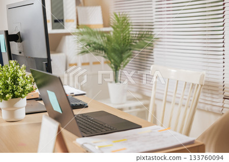 home office workspace features modern business desk, laptop computer, monitor setup, documents, green plants, creating productive environment for remote work, digital tasks, comfortable chairs. home office workspace features modern business desk, laptop computer, monitor setup, documents, green plants, creating productive environment for remote work, digital tasks, comfortable chairs. 133760094