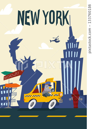 Cartoon New York city illustration with a pigeon driving a yellow taxi, Statue of Liberty silhouette, skyscrapers, Broadway sign and street details in a playful flat vector style Cartoon New York city illustration with a pigeon driving a yellow taxi, Statue of Liberty silhouette, skyscrapers, Broadway sign and street details in a playful flat vector style 133760186