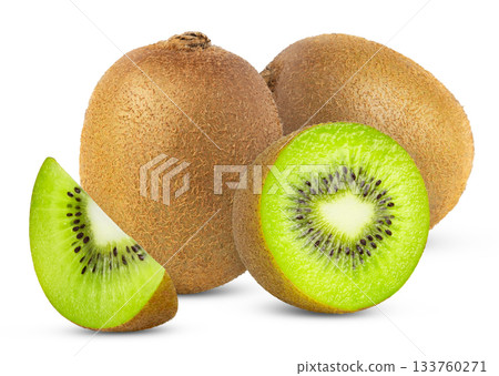 Ripe kiwi fruits, half and slice isolated on white background Ripe kiwi fruits, half and slice isolated on white background 133760271