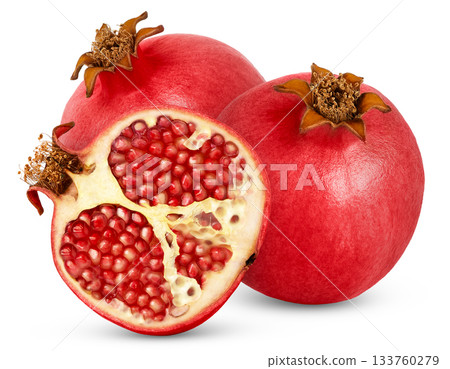 Pomegranate with cut in half isolated on white background. Two pomegranates and half with clipping path. 133760279