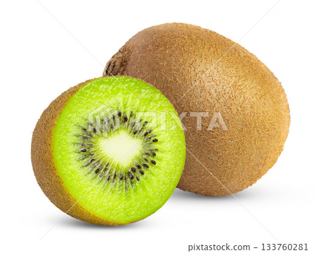 Kiwi fruits with cut in half isolated on white background. 133760281