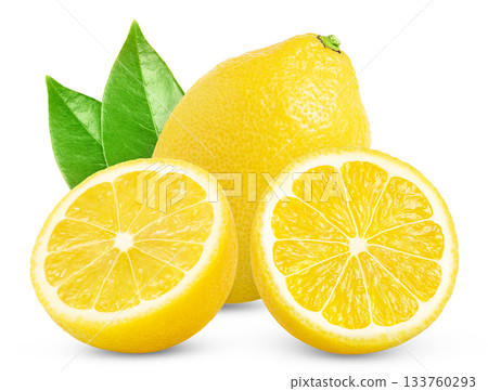 Lemon fruit and two halves with leaves isolated. Lemon and cut in a half with green leaf. 133760293