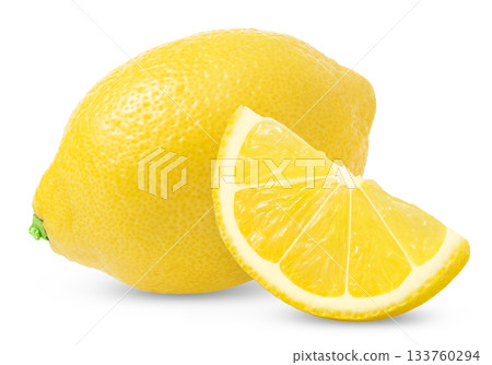 Whole lemon fruit with slice isolated on white background. Yellow ripe lemons isolated. 133760294