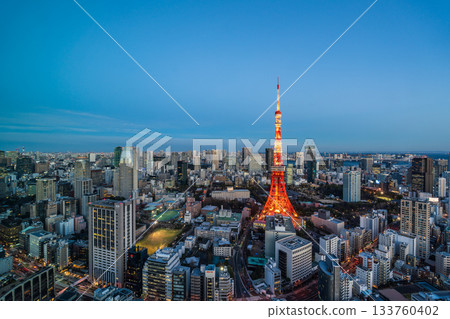 東京夜景全景,東京鐵塔在夜色中熠熠生輝 東京夜景全景,東京鐵塔在夜色中熠熠生輝 133760402