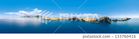 Panoramic drone view of Ponta de Sao Lourenco Madeira shows cliffs and full cape in Atlantic light Panoramic drone view of Ponta de Sao Lourenco Madeira shows cliffs and full cape in Atlantic light 133760418