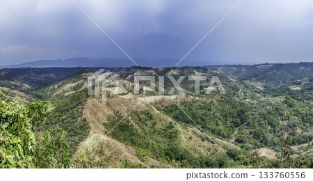 Dramatic Calanchi Landscape near Civita di Bagnoregio, Viterbo, Italy 133760556