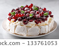 Pavlova Cake with berry cranberries on white background 133761053