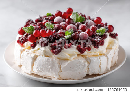 Pavlova Cake with berry cranberries on white background Pavlova Cake with berry cranberries on white background 133761053