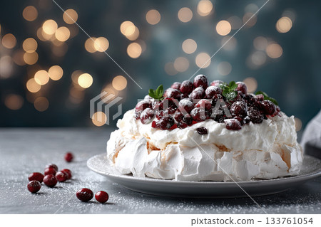 Pavlova Cake with berry cranberries with christmas lught background Pavlova Cake with berry cranberries with christmas lught background 133761054