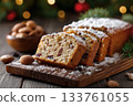 Delicious fruitcake topped with powdered sugar and nuts served on a wooden board 133761055