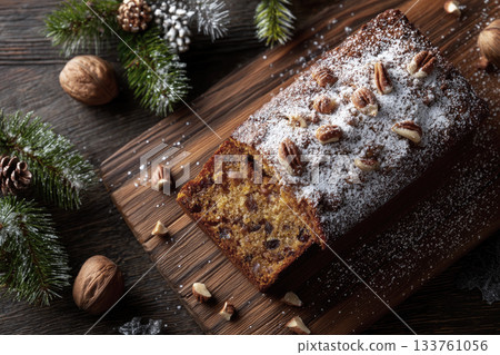 Delicious fruitcake topped with powdered sugar and nuts served on a wooden board Delicious fruitcake topped with powdered sugar and nuts served on a wooden board 133761056