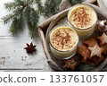 Eggnog Christmas milk cocktail with cinnamon, served in two glasses on vintage tray with shortbread star shape sugar cookies 133761057
