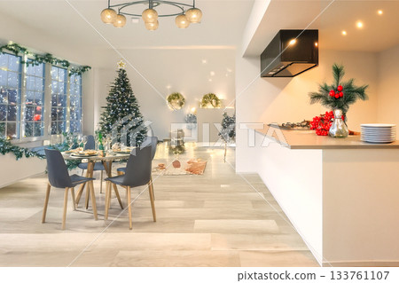 A room with a Christmas tree A room with a Christmas tree 133761107