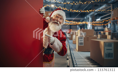 Claus in a festive warehouse setting during the holiday season, surrounded by lots of gift boxes and twinkling lights 133761311