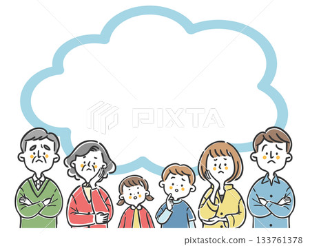 Illustration of a three-generation family with doubts Copy space Vector 133761378
