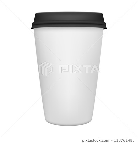 White Paper Coffee Cup with Black Lid. Disposable Coffee Cup To Go, Blank Paper Coffee Cup for Takeaway Coffee, Branding, Cafe and Restaurant Hot Drink Packaging 133761493