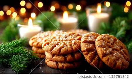 Warm, comforting holiday cookies dusted with sugar, nestled amongst festive pine branches with glowing candlelight and bokeh lights creating a cozy atmosphere Warm, comforting holiday cookies dusted with sugar, nestled amongst festive pine branches with glowing candlelight and bokeh lights creating a cozy atmosphere 133761842