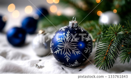 Stunning deep blue Christmas ornament with intricate silver snowflake design gleams among festive pine branches and soft bokeh lights Stunning deep blue Christmas ornament with intricate silver snowflake design gleams among festive pine branches and soft bokeh lights 133761843