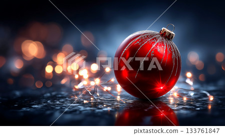Sparkling red Christmas ornament glows with festive fairy lights, creating a magical holiday atmosphere 133761847
