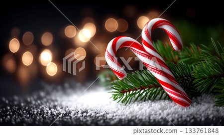 Festive candy canes nestled in snow with glowing bokeh lights create a magical holiday atmosphere perfect for winter celebrations and seasonal promotions Festive candy canes nestled in snow with glowing bokeh lights create a magical holiday atmosphere perfect for winter celebrations and seasonal promotions 133761848