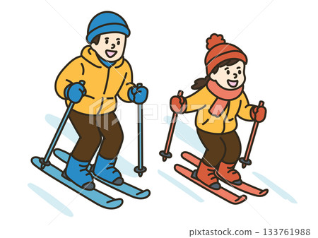 Illustration of a parent and child skiing together 133761988