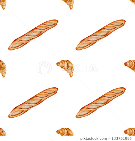 Loaf watercolor seamless pattern . Hand-drawn long baguette with a croissant on a white background. Clip art of baked goods. Ideal for packaging baked goods and kitchen textiles 133761995