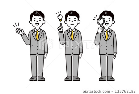 A simple full-body vector illustration set of a young businessman guiding, inspiring, and investigating 133762182