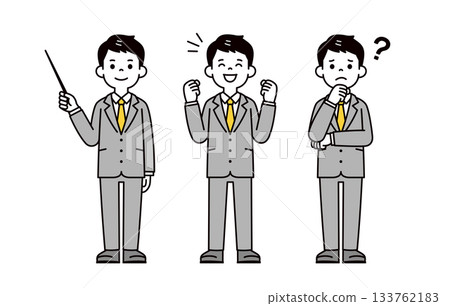 Explaining, working hard, thinking, a simple full-body vector illustration material set of a young businessman Explaining, working hard, thinking, a simple full-body vector illustration material set of a young businessman 133762183