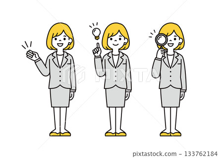 一套簡潔的全身向量插圖，描繪了一位年輕的職業女性/OL，她正在指導、激勵和調查。 133762184