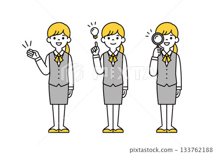 介紹、注意、搜索，一套身穿制服的年輕女性全身向量插圖。 133762188