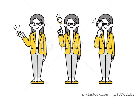 解釋、提議、搜索，一套戴眼鏡的年輕女性全身向量插圖素材。 133762192
