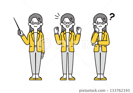 A set of vector illustrations of a young woman wearing glasses teaching, smiling, and worrying A set of vector illustrations of a young woman wearing glasses teaching, smiling, and worrying 133762193
