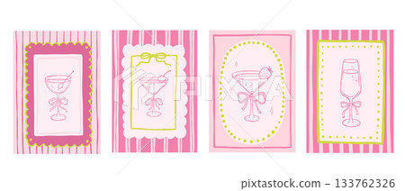 Whimsical drinks in cute girly frames set, coquette cocktail glass with bow, pink rectangular poster, vector hand drawn illustrations collection Whimsical drinks in cute girly frames set, coquette cocktail glass with bow, pink rectangular poster, vector hand drawn illustrations collection 133762326