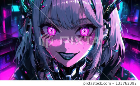 Manic Cybernetic Girl with Glowing Pink Eyes and Chrome Headset Armor 133762392